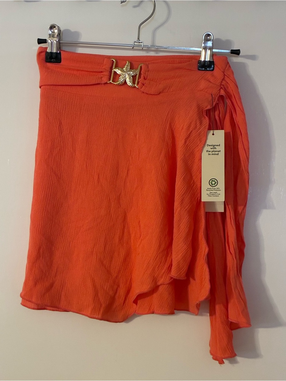 No Boundaries Coral Wrap Bathing Suit Coverup with Gold Starfish Detail